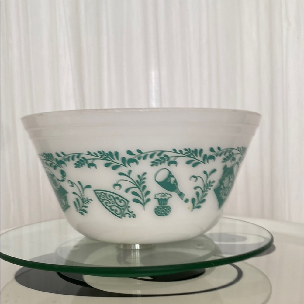 Vintage 60’s Federal White Bowl with Teal green Floral Design! Milk Glass!!